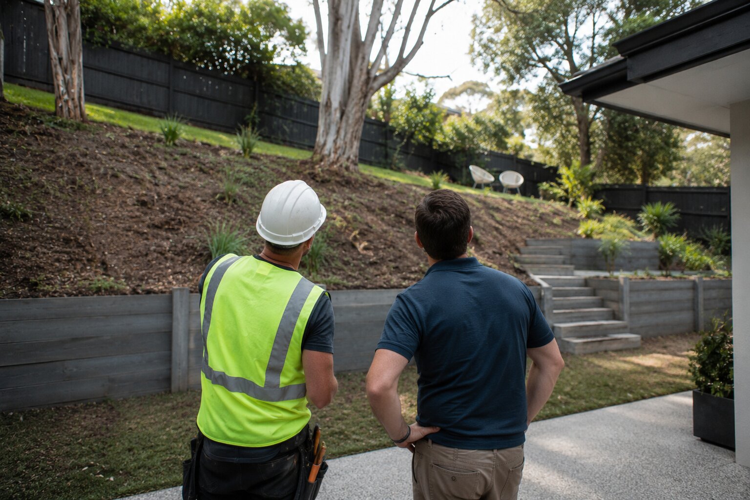 Site inspection consultation between contractor and homeowner on a sloped block