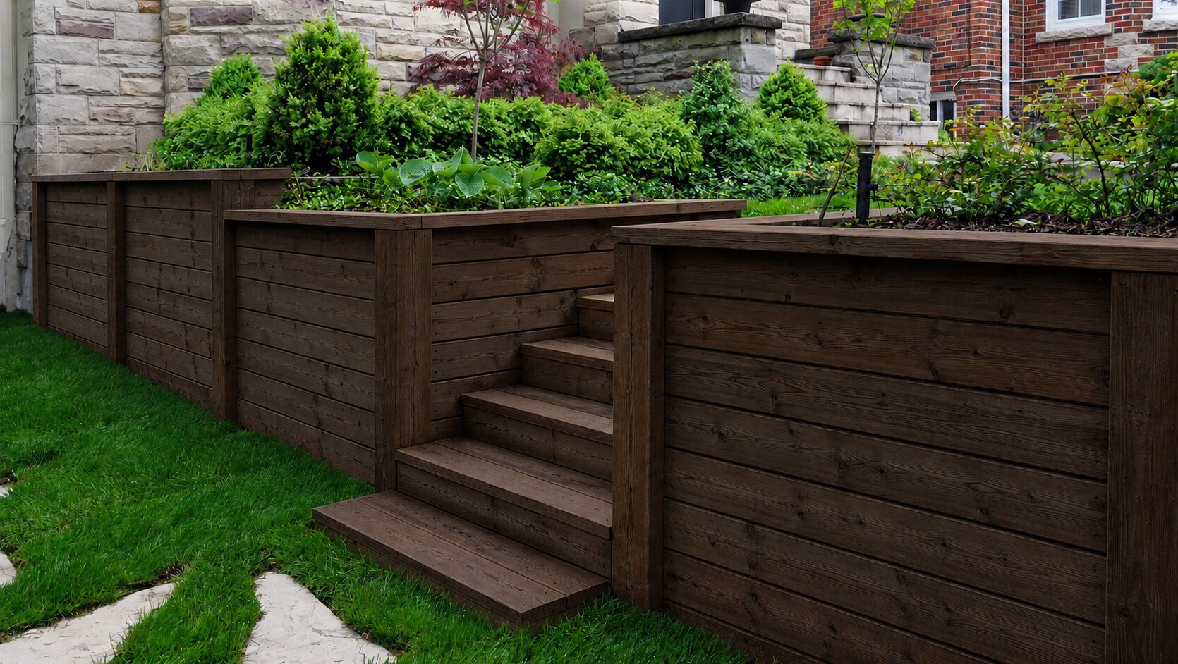 Completed multi-tiered concrete retaining wall at golden hour with timber fencing