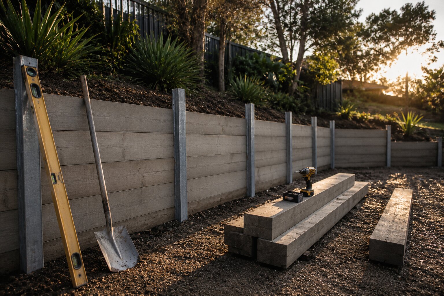 Concrete sleeper retaining wall installation with steel H-posts in progress