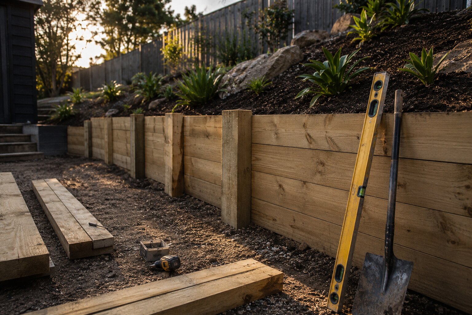 Completed timber retaining wall with native garden planting and gravel path in morning light